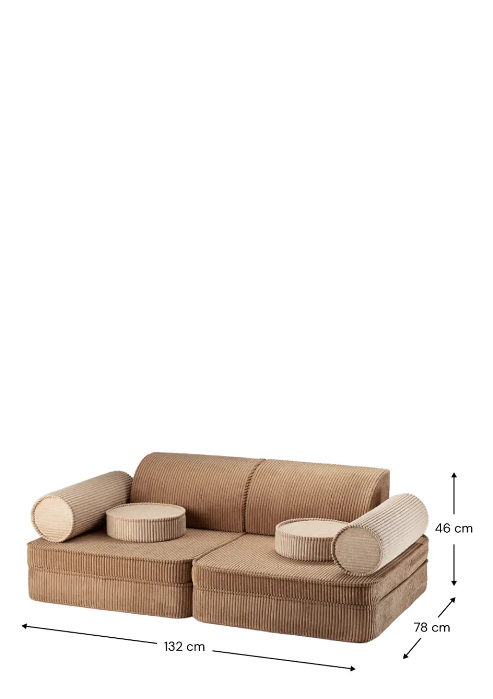 Wigiwama Sofa Cord Toffee mit Maßangaben in cm