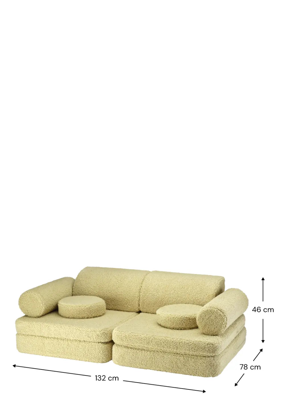 Wigiwama Sofa Teddy Matcha mit Maßangaben in cm
