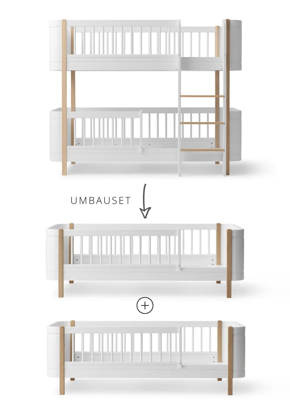 Oliver Furniture Umbauset für 'Wood Mini+' halbhohes Etagenbett zu zwei Juniorbetten Weiß / Eiche