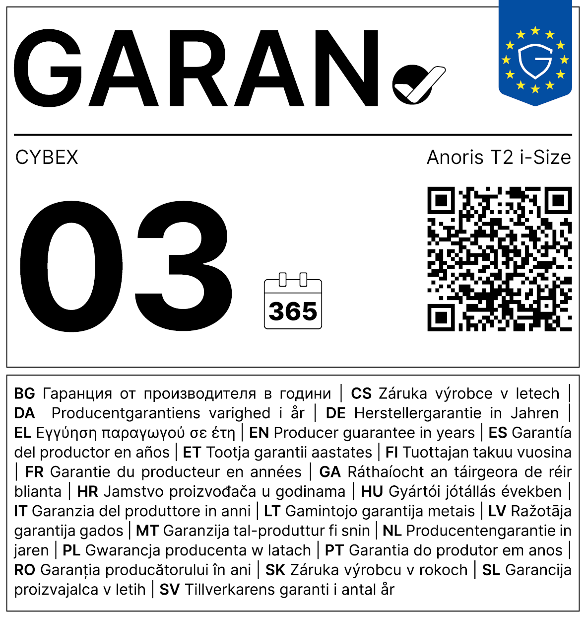Vollständiges GARAN-Label, 3 Jahre Garantie auf Kindersitz 'Anoris T2 i-Size PLUS' Sepia Black