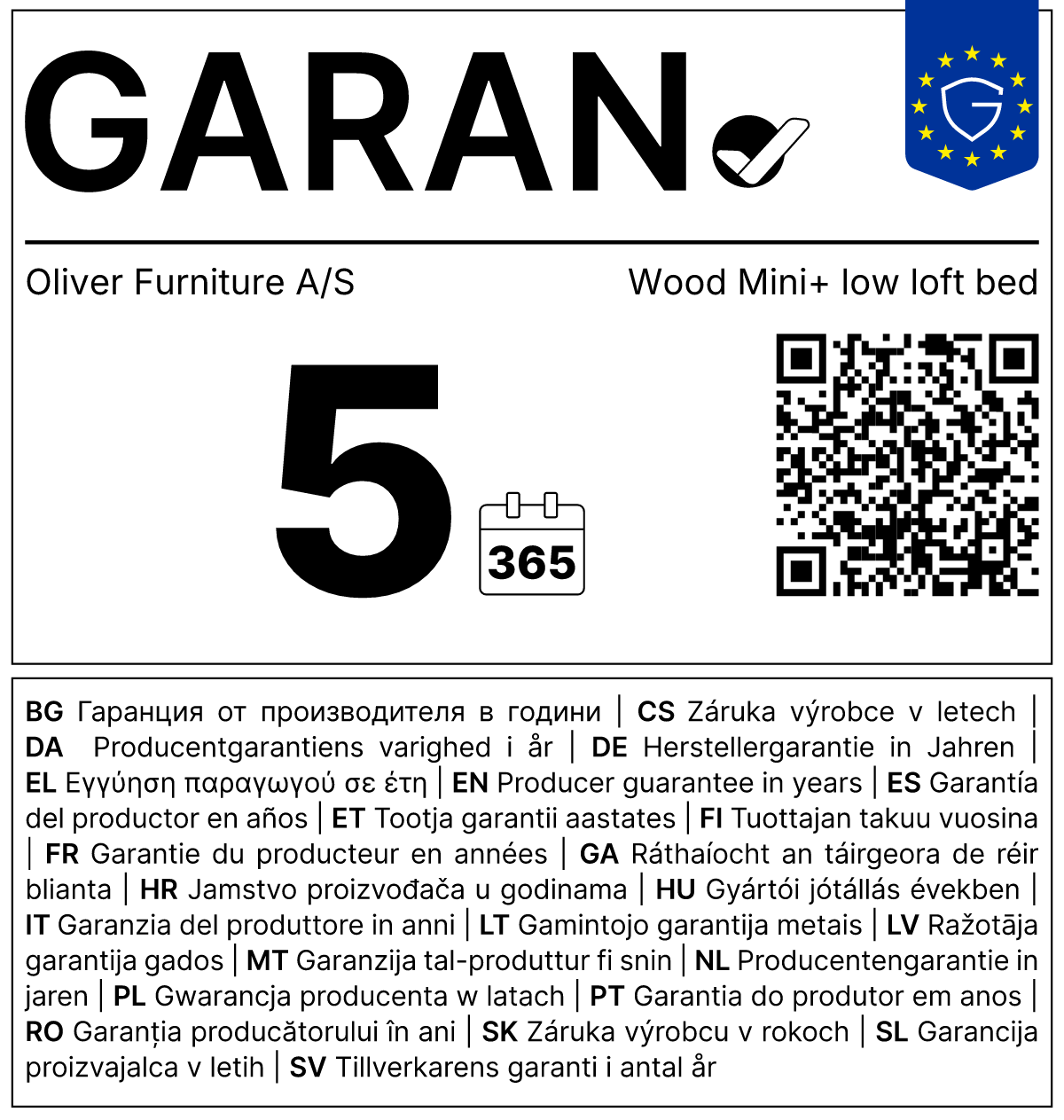 Vollständiges GARAN-Label, 5 Jahre Garantie auf halbhohes Hochbett 'Wood Mini+' weiß  162 x 68 cm